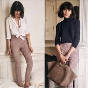 Sezane High-Waist Skinny Houndstooth Pants in Brown and Cream